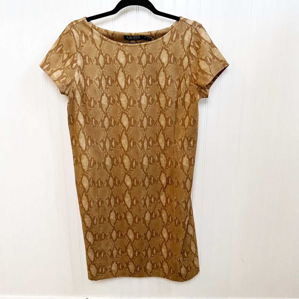 Lauren Ralph Lauren Tan Python Snakeskin Print Short Sleeve Ponte Sheath Dress